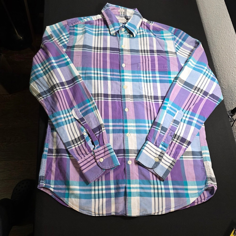 J.Crew Mens Summer Plaid Shirt Slim Fit Purple Teal‎ Blue Long Sleeve Size M * - Picture 2 of 8